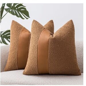 Set of 2 Boucle and Faux Leather Throw Pillow Covers 20x20 Camel Brown Modern
